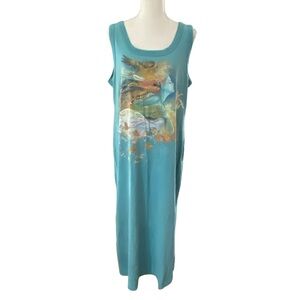 Vintage Blue Green Dress/ Coverup with Mother Nature  Design Large